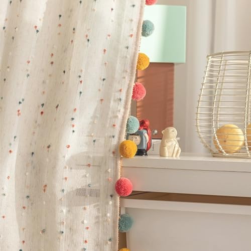 2 패널 무지개 리넨 시어 커튼, 다채로운 폼폼 포함 - color: 멀티 컬러, size: 42"W x 84"L (Pack of 2)