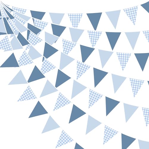 32Ft Dusty Blue Party Decorations Retro Blue Gingham Triangle Banner Flag Pennant Fabric Garland Streamers for Nautical Wedding Birthday Ahoy Achor Bridal Shower Under The Sea Coastal Decor Supplies - color: Dusty Blue Checkered