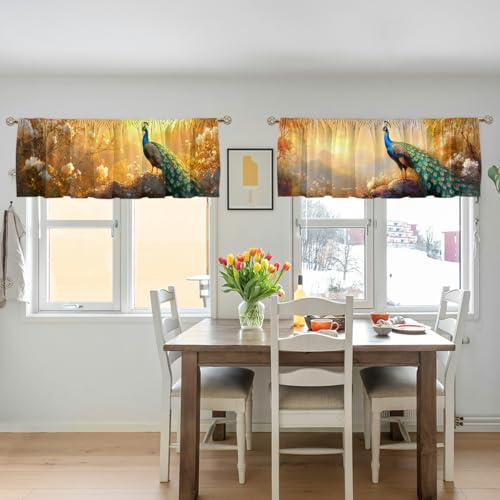 Peacock Curtain Valance for Windows 2 Pack Mountain Green Tree Blue Sky Sunlight Rod Pocket Window Treatments Short Curtains for Kitchen Windows Bathroom Bedroom 54x18 Inch - color: Peacock