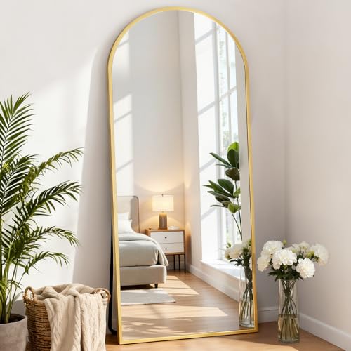 DUMOS 64"x21" Arched Full Length Floor Mirror, Full Body Mirror, Gold - color: Gold-rounded, size: 64"L x 21"W