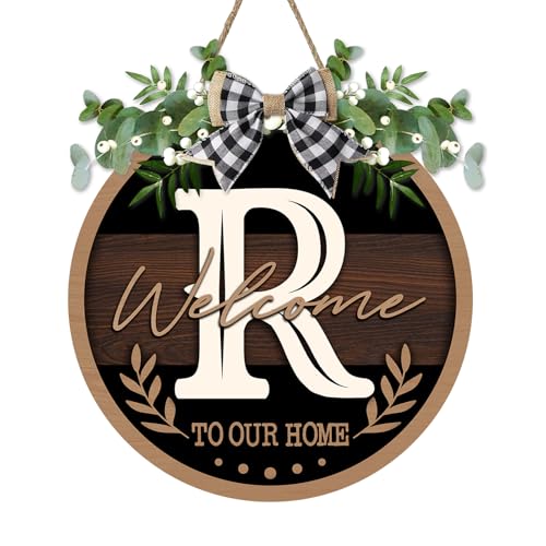 Monogram Letter R Front Door Sign, Welcome to Our Home Family Last - color: R
