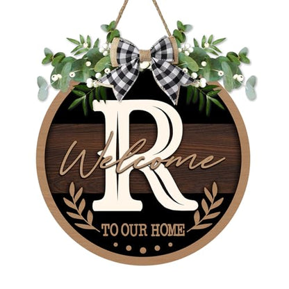 Monogram Letter R Front Door Sign, Welcome to Our Home Family Last - color: R