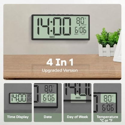 JALL Large Digital Wall Clock Battery Operated, Wall Clock with Big Numbers LCD Display, Digital Clock with Date Day Temperature, Alarm, Auto DST, Clocks for Classroom, Office, Bedroom, Elderly- Black - color: Black, size: 14.5 inches