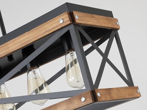 Rustic Farmhouse Plug in Kitchen Island Lighting, 5 Lights Rectangular Pendant Light Fixture with Adjustable Chain, Dimmable Switch, Oak Wood and Metal Linear Chandelier for Dining Room Home, Black - size: Large 5-Light Hanging Lamp