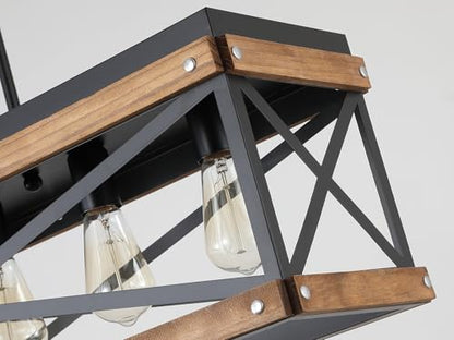 Rustic Farmhouse Plug in Kitchen Island Lighting, 5 Lights Rectangular Pendant Light Fixture with Adjustable Chain, Dimmable Switch, Oak Wood and Metal Linear Chandelier for Dining Room Home, Black - size: Large 5-Light Hanging Lamp