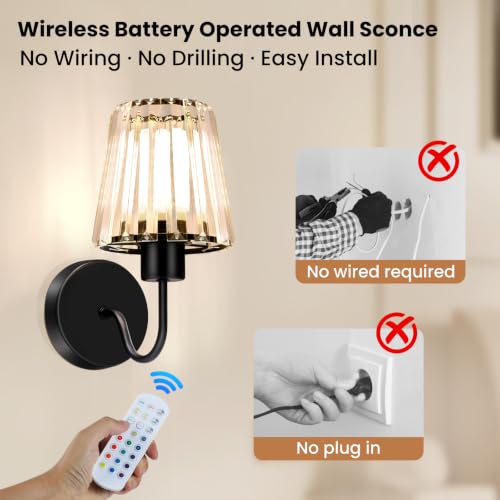 Crystal Battery Operated Wall Sconces Set of Two for Bedroom, Black - color: Black
