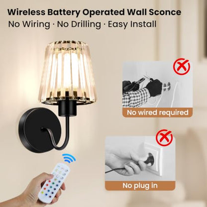Crystal Battery Operated Wall Sconces Set of Two for Bedroom, Black - color: Black