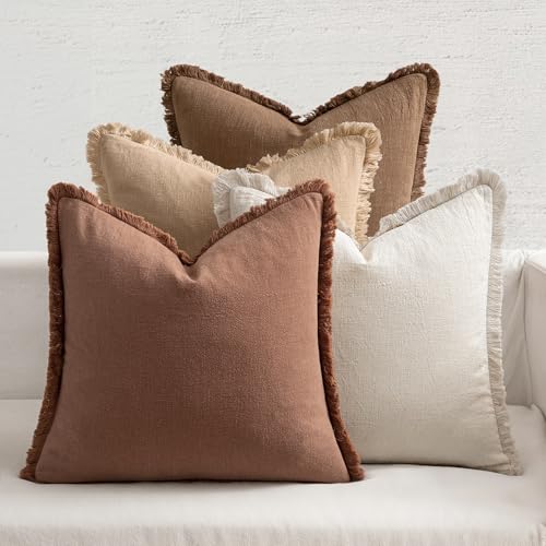 MIULEE Fall Linen Fringe Pillow Covers Set of 4 18x18 Beige/Brown - color: Brown, size: 18" x 18" (Pack of 4)