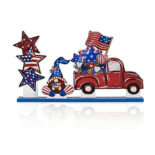 Smile Patriotic Wooden Standing Decor Set, 3-Piece 4th of July Tiered Tray Tabletop Signs with Red Truck, Gnome & Star Stack for Independence Day - style: 4th of July
