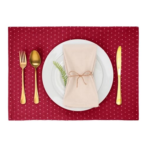 Cotton Placemats Set of 6-13x19 Inch, Diamond Quilted Place Mats, Durable & Elegant for Dining Table, Wedding, Restaurant, Machine Washable, Oeko-TEX Certified - Red - color: Red - Diamond Quilted