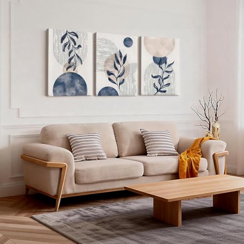 HCJWCXD 3Pcs Boho Wall Art Navy Blue Botanical Framed Canvas Prints 12x16In - color: Navy Blue, size: 12x16 Inches