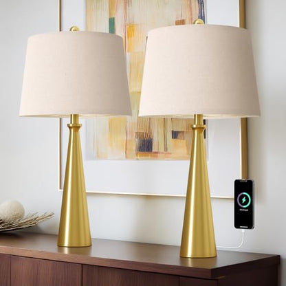 Oneach 25.75" Modern Table Lamp for Bedroom Set of 2, USB C Port, Gold - color: Brass