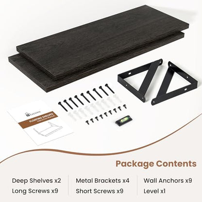 Axeman 20 Inch Floating Shelves, 8 Inch Deep Black Wall Shelves Set of 2 - color: Black, size: 20 Inch