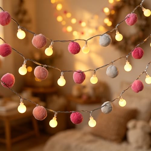 6.56FT Pom Poms Fairy Lights - 20 LED Battery Operated String Lights with Warm White Globe Balls - Cute Indoor Decor for Bedroom Kids Room Playhouse Graduation Birthday Baby Shower - Pink - color: Pink, size: 6.56 FT