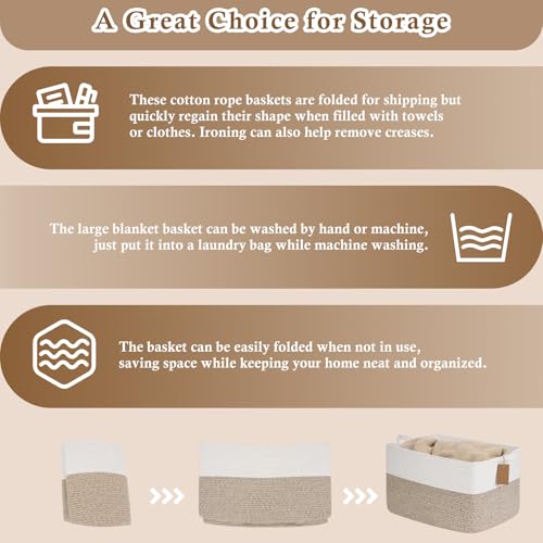 Goodpick 75L Extra Large Woven Rope Blanket Basket, Rectangle, Brown - color: Brown, size: 22"L x 17"W x 12"H