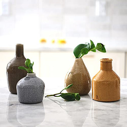 Main + Mesa Stoneware Bud Vases in Crackle Glaze, Grey/Mustard Tones, Set of 4