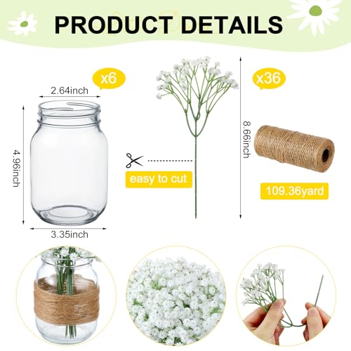 43 Pcs/ 6 Set Babybreath Mason Jar Table Centerpiece Mason Jar Vases - size: Babybreath
