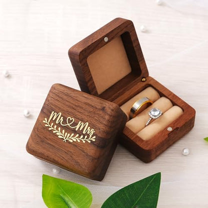 KWOOD Custom Wooden Wedding Ring Box for 2 Rings, Engraved Mr & Mrs Double Ring Holder for Wedding Ceremony Ring Bearer Box Anniversary Birthday Gift Ideas - style: G-Mr & Mrs 02