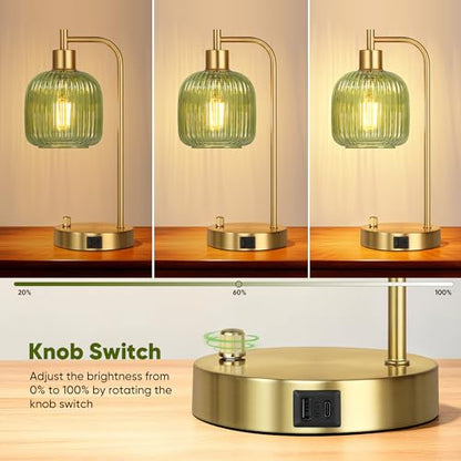 Green Glass Table Lamps Set of 2, Dimmable Bedside Lamps for Living Room - color: Gold&Green
