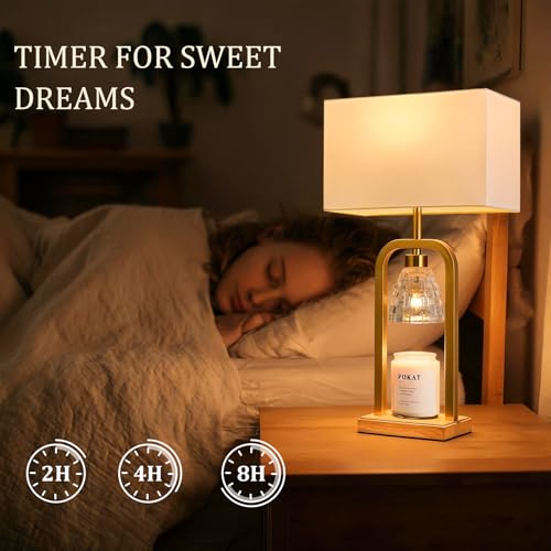 PoKat 2 in 1 Gold Table Lamp with Candle Warmer, Timer & Dimmer, Modern - color: Set of 1 - Brushed Gold With Wood-print Finish
