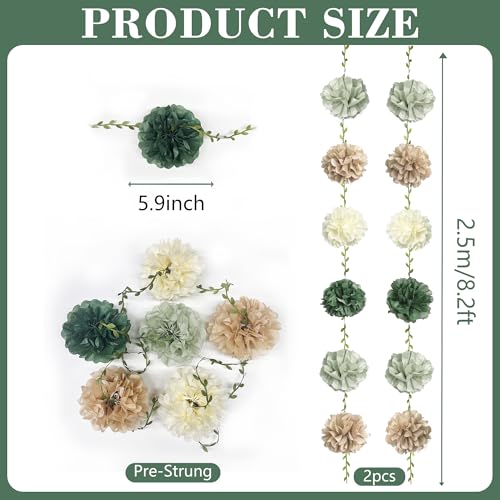 Sage Green Beige Party Decorations Tissue Paper Flowers Pom Pom with Leaf Ribbon Hanging Garland Streamer for Neutral Birthday Wedding Bachelorette Safari Jungle Woodland Party Supplies - color: Sage Green