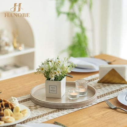 Hanobe Candle Plate Holder Tray: Whitewash Round Wood Candle Plate Decorative Centerpiece Small Tealight Pillar Trays for Living Room Dining Coffee Table Home Decor