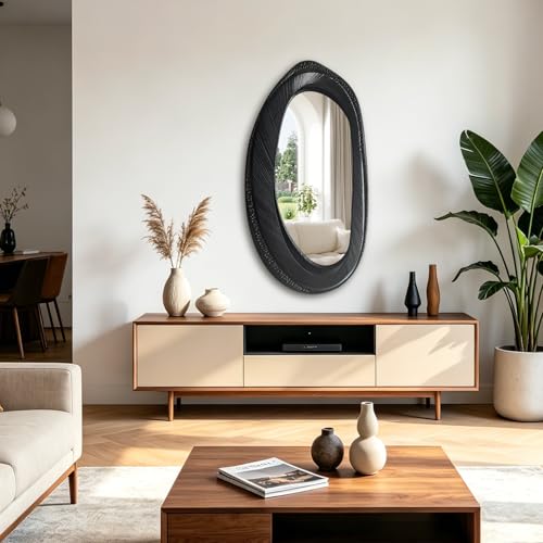 POZINO 40"X20" Irregular Wall Mirror, Black Asymmetrical Wood Mirror - size: 40"L x 20"W