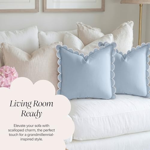 BEBE BASK Scalloped Pillow Cover Set of 2, 18x18, Cotton - Sky Blue/White - color: Sky Blue/White
