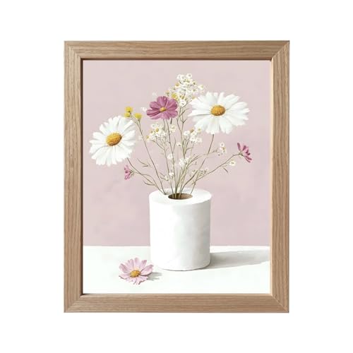 Pink Bathroom Wall Art Framed Daisy Floral Bathroom Canvas Print Decor - color: Pink, size: 10"L x 8"W