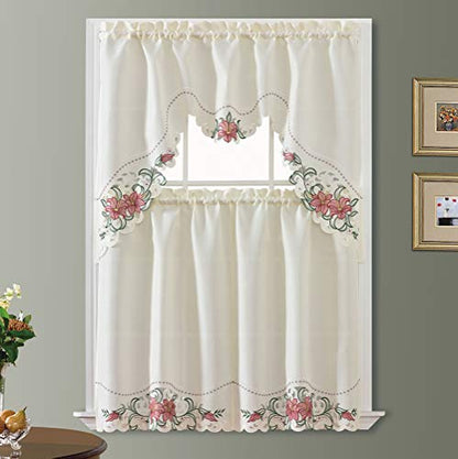 GOHD Lily Fragrance. 3pcs Multi-Color Embroidery Kitchen Cafe Curtain Set Swag and Tiers Set with cutworks. (Burgundy) - color: Burgundy