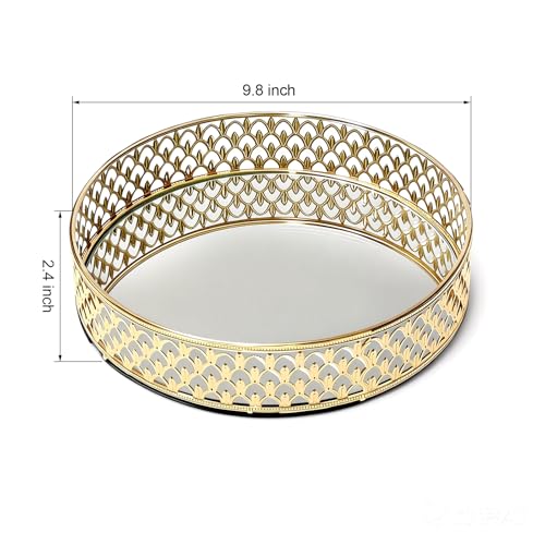 10 Inch Glass and Gold Round Tray Set of 2，Dinner Plate Perfume and Vanity Tray Decorative Mirrored Vanity Tray with Gold Metal Cutout Design, Jewelry (10 Inch Round Set of 2)