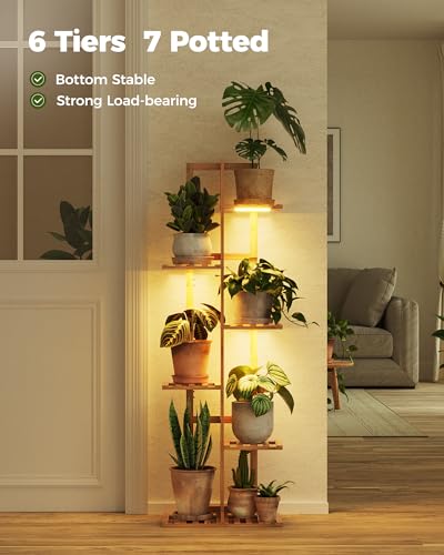Bamworld Bamboo Plant Stand with Grow Light, 6 Tiered Plant Shelf 48 Inch - color: Natural 6Tiered Pro