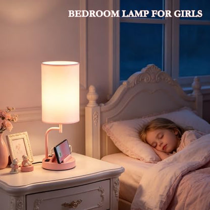 Dreamholder Touch Control USB Table Lamp with USB C/A & AC Outlet, 3-Way Dimmable Bedside Lamp, Modern Nightstand Lamps for Bedroom Living Room Guest Room Office, Bulb Included, Pink - color: Pink