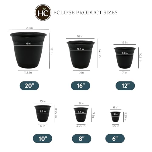 The HC Companies Eclipse Round Planter with Saucer - Outdoor & Indoor Plant Pot with Drainage Holes - Lightweight, UV-Resistant Plastic Pots for Plants, Flowers & Herbs (16" Black, Pack of 1) - size: 16"