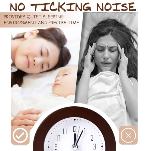 Wooden Analog Alarm Clock Silent Non-Ticking Desk Clock Battery Operated Table Clock with Nightlight for Bedroom,Children's Room, Living Room,Brown(4Inch) - color: Brown Wood