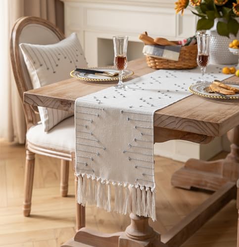 Caflife Grey Beige Cotton Linen Rustic Boho Table Runner 13x48 Inch Long - color: Grey Beige, size: 13x48Inch