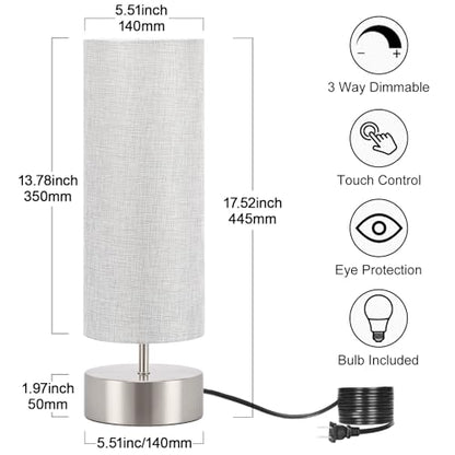 Bedside Touch Lamp, 3 Way Touch Control Table Lamp, Modern Nightstand Lamp - color: Gray Shade with Silver Base