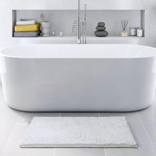 FRESHMINT Chenille Bathroom Rugs Mat 32”x20”, Non-Slip Bath Mat for Bathroom Floor & Bathtub, Washable Soft Shower Shag Bath Rugs, Durable Fluffy Thick Water Absorbent Microfiber Shower Mat, White - color: White, size: 1'8" x 2'8" (Rectangular)