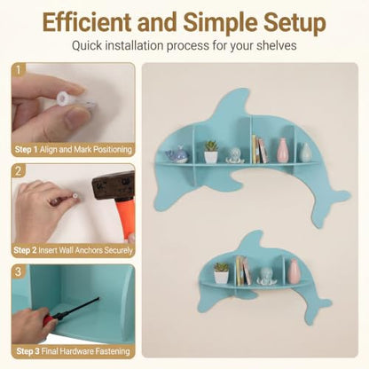 GLACER Floating Shelves for Wall, 2 Pack Kids Corner Bookshelf (Dolphin) - size: 38" x 6" x 27"