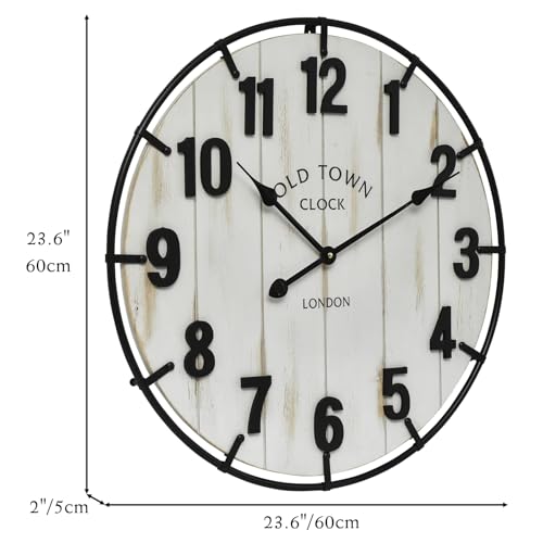 Large Old Town Farmhouse Wall Clock – 24 Inches Rustic Antique Wood with Metal Circle and Large Numerals, Silent Battery Operated Clock for Office, Kitchen, Bedroom, Living Room (Washed White) - color: White, size: 24 Inch