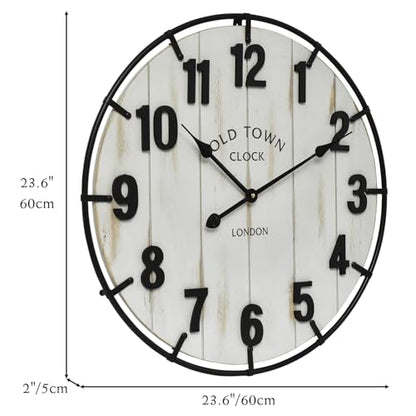 Large Old Town Farmhouse Wall Clock – 24 Inches Rustic Antique Wood with Metal Circle and Large Numerals, Silent Battery Operated Clock for Office, Kitchen, Bedroom, Living Room (Washed White) - color: White, size: 24 Inch