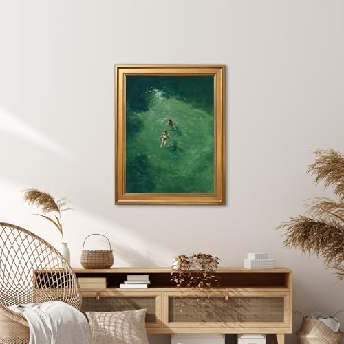 EQUEEN Green Abstract Swimming Poster Retro Wall Art Holiday Wall Decor Minimalist Canvas Print For Living Room Bedroom Office8x10inch Golden frame