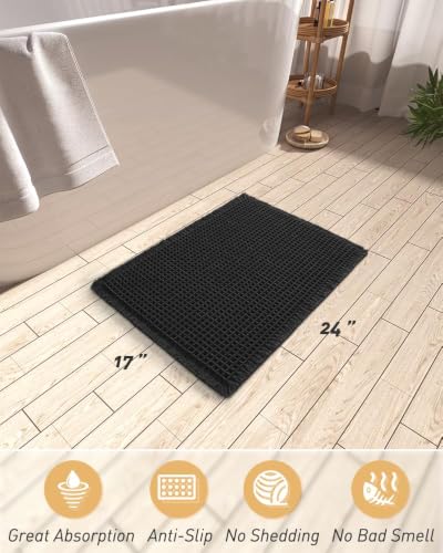 Upgraded Waffle Bath Mat Ultra Absorbent Non Slip Bathroom Mat, 17" x 24" - color: Black, size: 17" x 24"