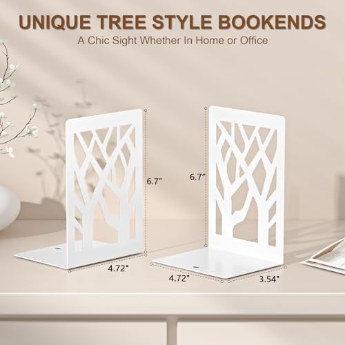 VFINE Withe Bookend 4-Piece, Tree Design Bookends for Shelves, Metal Book Ends for Desk, Decoration Stylish Bookshelf Bookends for Home Office School Supplies - style: White bookend 2 pairs