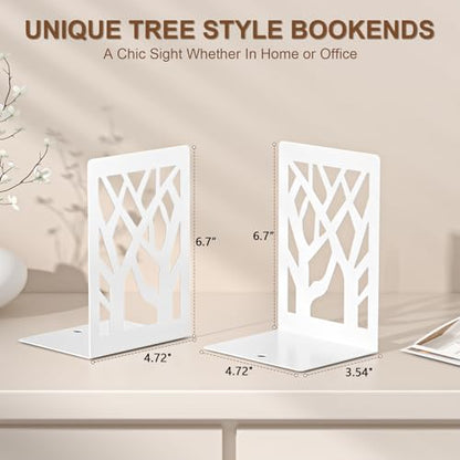 VFINE Withe Bookend 4-Piece, Tree Design Bookends for Shelves, Metal Book Ends for Desk, Decoration Stylish Bookshelf Bookends for Home Office School Supplies - style: White bookend 2 pairs