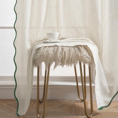 DriftAway Semi Sheer Scalloped Edge Linen Coastal Beach Window Curtains for Living Room Bedroom 2 Panels Rod Pocket Each Size 52 Inch by 96 Inch Loden Green - color: Linen Loden Green, size: 52"W x 96"L (Pack of 2)