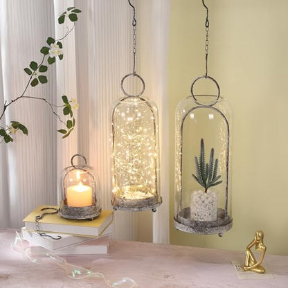 16" High Versatile Modern Metal Hurricane Lantern with Handmade Sturdy Glass Dome in Rustic Black for Pillar Candle & Plants, Industrial, Farmhouse, Shabby Chic - color: Black Shabby, size: 6.3"x16.5"
