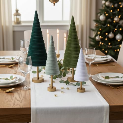 Hoolerry 4 Pcs Christmas Velvet Trees with Gold Pedestal, Forest Green - color: Forest Green