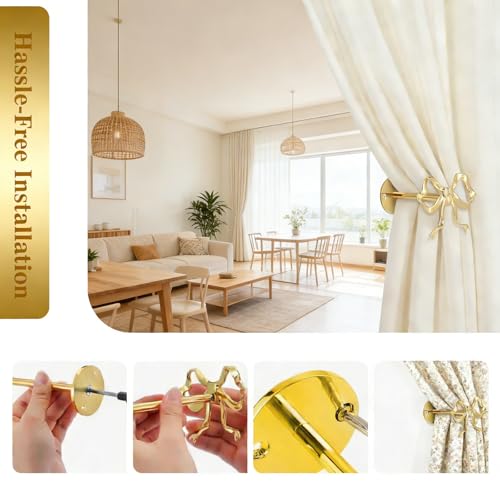2-Piece Gold Bow Curtain Tiebacks, Metal Wall-Mounted Curtain Holdbacks, Gold Holders for Living Room, Bedroom, Office, and Home Decor