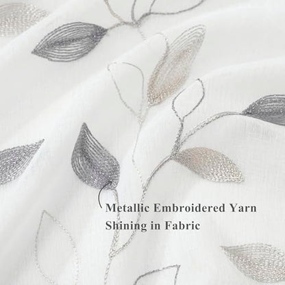 Bujasso Embroidered Leaf Sheer Curtains, Gray Beige 38" Wx90 Lx2 - color: Yellow Grey, size: 38"W x 90"L (Pack of 2)